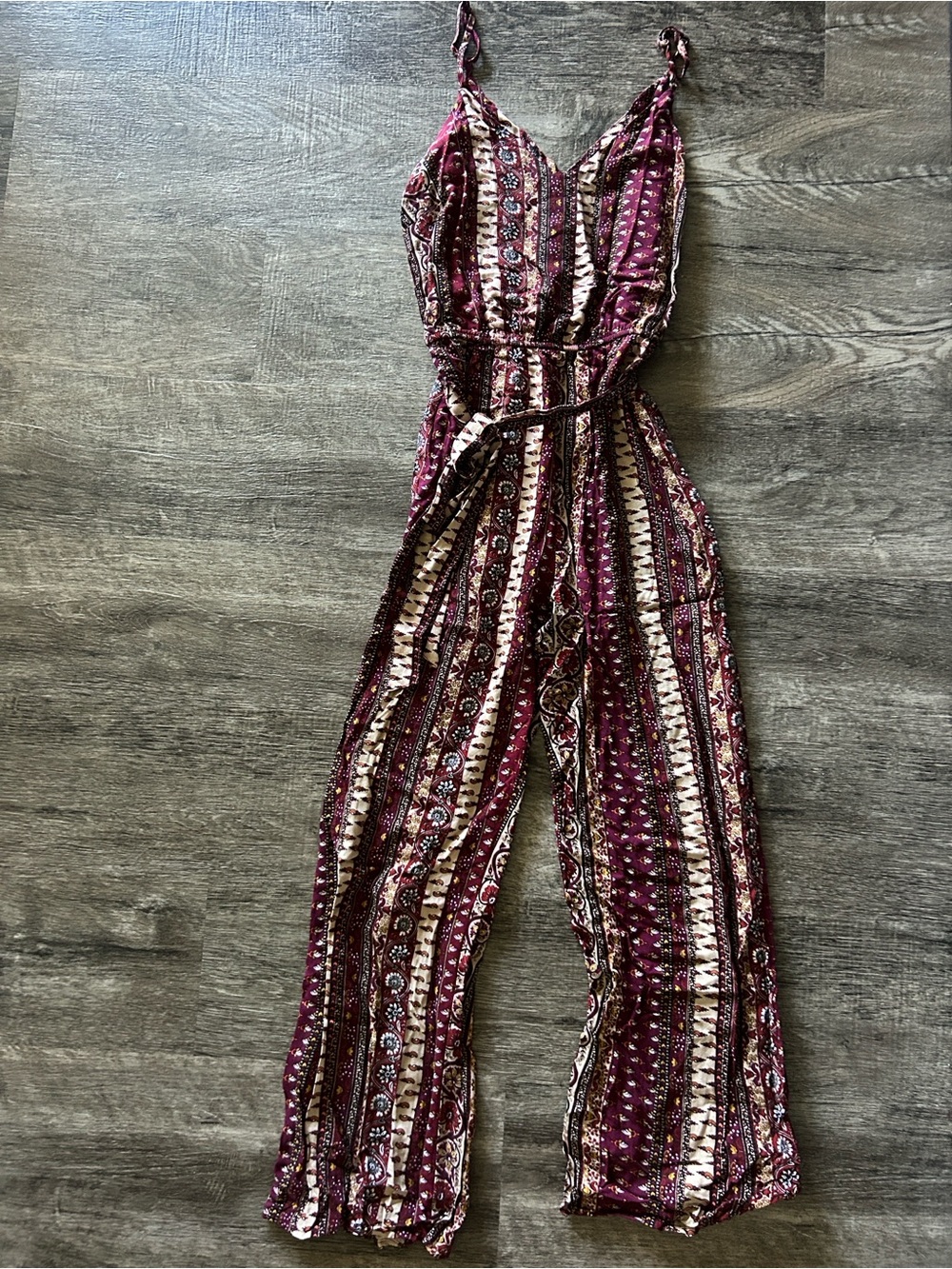 Forever 21 Burgundy Printed Strappy Wide-Leg Jumpsuit
